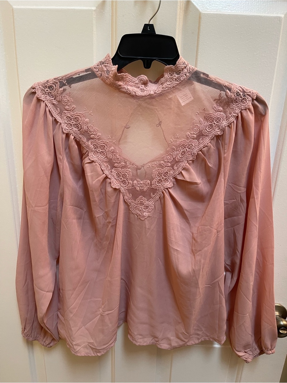 Lace Yoke Long-Sleeve Blouse in Dusty Rose
